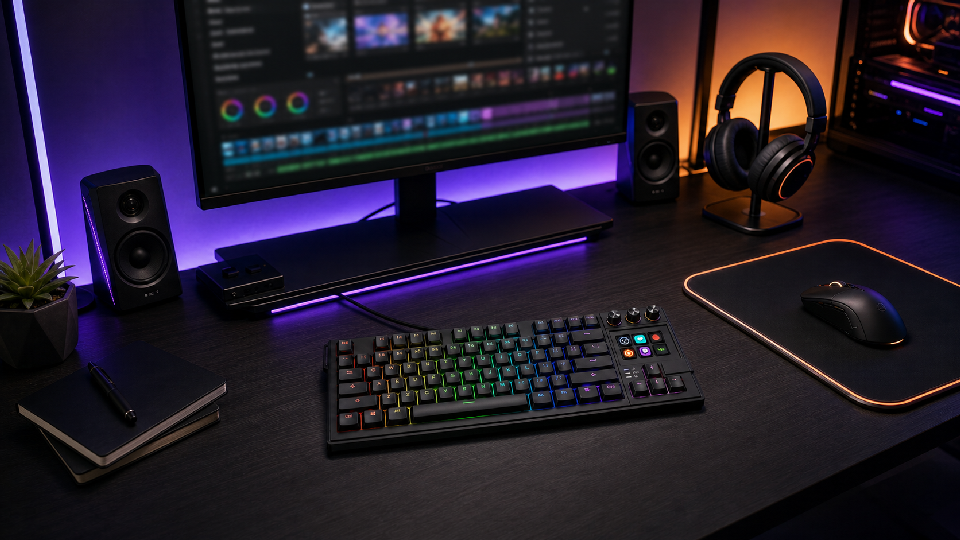 MiraBox K1 Pro mechanical keyboard showing visual macro keys in a realistic creator and gaming desk setup