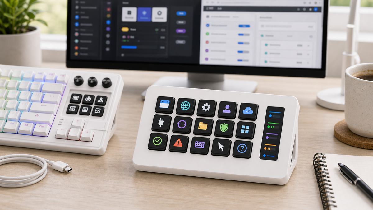 Stream Dock App vs Keyboard Web UI: Why Setup Experience Matters with K1 Pro keyboard with screen in a modern desk setup