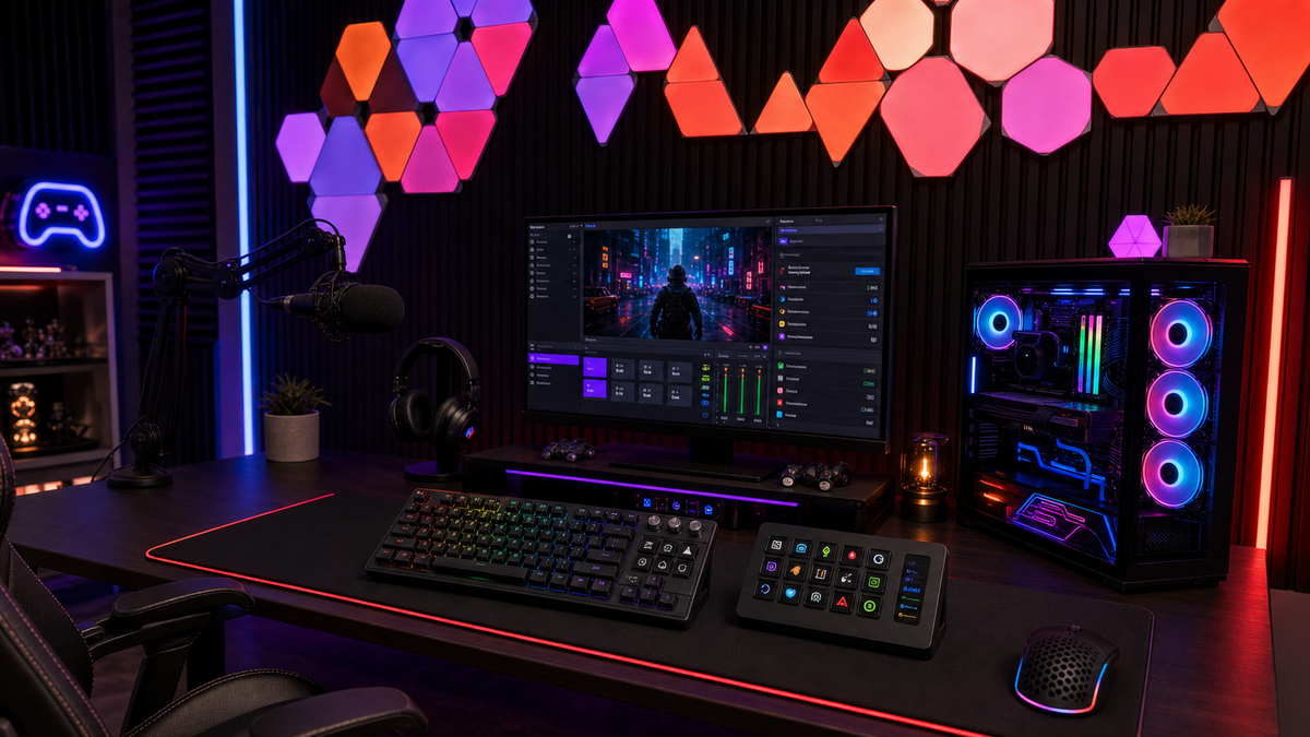 Gaming room setup with MiraBox keyboard and stream dock controls on a creator desk