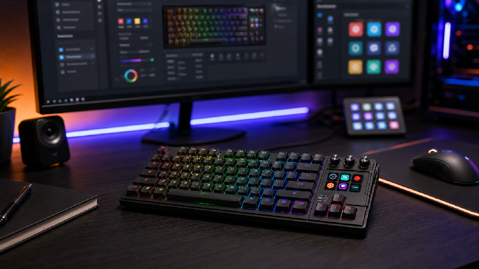 Black MiraBox K1 Pro keyboard with screen in a unified keyboard and Stream Dock software setup