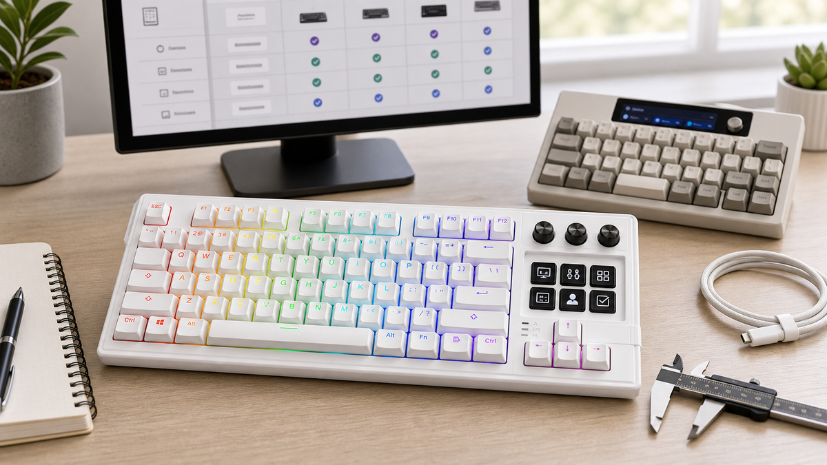 K1 Pro vs Epomaker Screen Keyboard: What Should You Compare? with K1 Pro keyboard with screen in a modern desk setup
