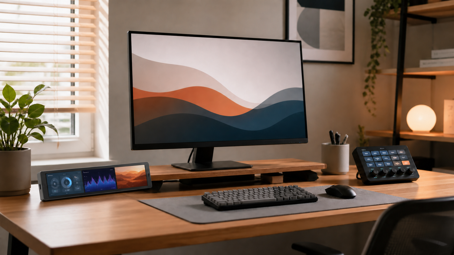 Desk screen and control deck roles in a creator workspace