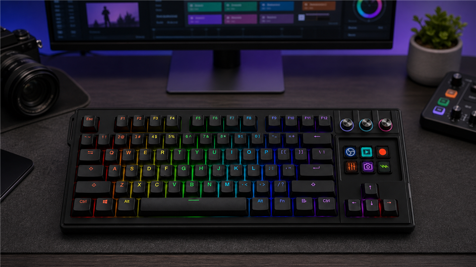 MiraBox K1 Pro keyboard with screen showing visual control keys on a creator desk