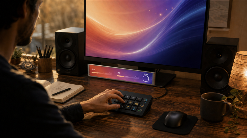 Creator Desk Screen vs Stream Dock: What Should Be Visible and What Should Be Clickable? with MiraBox product context in a modern desk setup