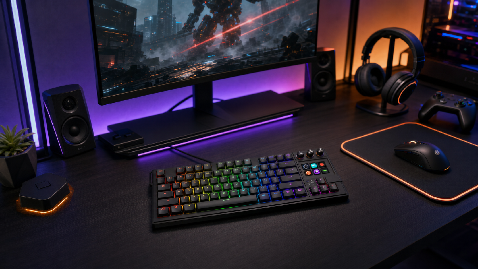 MiraBox K1 Pro keyboard for gaming with visual keys, three knobs, RGB lighting, and a wider gaming desk setup