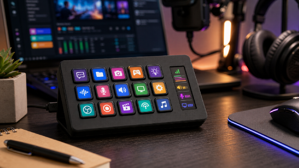 Black MiraBox 293S stream dock with 15 visual keys and a status screen on a budget creator desk