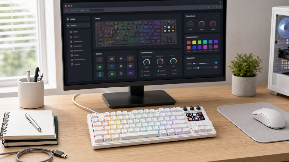 White MiraBox K1 Pro keyboard with screen in front of an abstract browser-based configuration dashboard