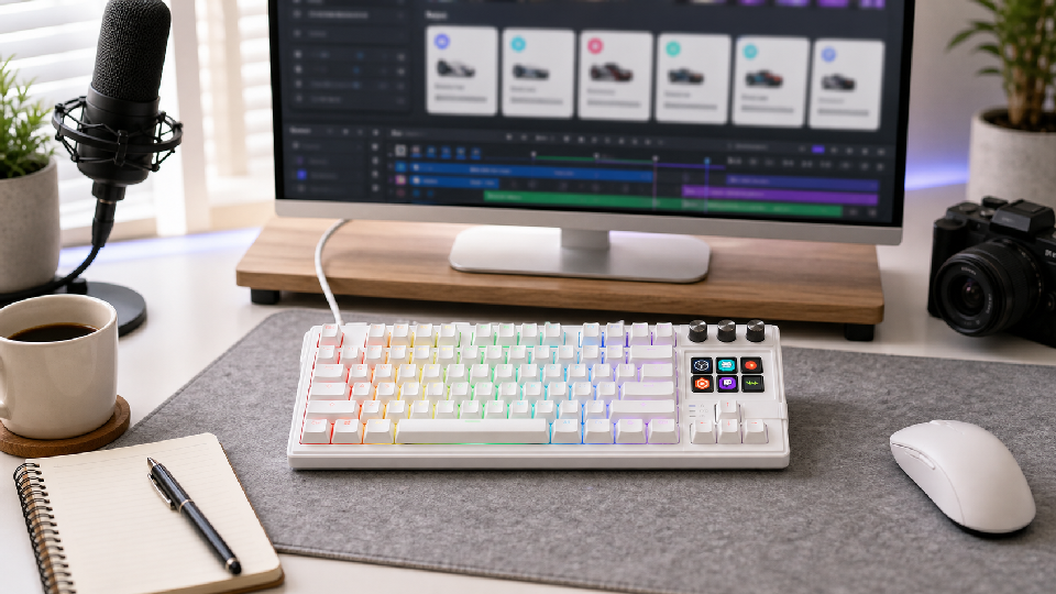 White MiraBox K1 Pro keyboard with screen on a creator desk for a 2026 buying guide