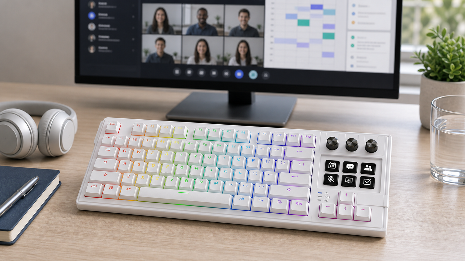 Keyboard for Microsoft Teams Controls: Faster Meetings With Visual Keys with K1 Pro keyboard with screen in a modern desk setup