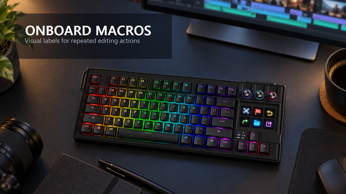 MiraBox K1 Pro visual macro keys at an editing desk