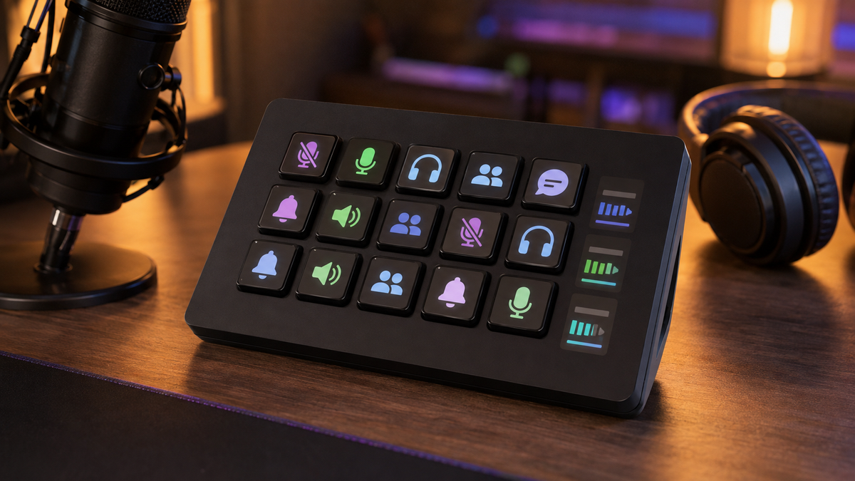 MiraBox Stream Dock with Discord voice-control symbols at a livestream desk