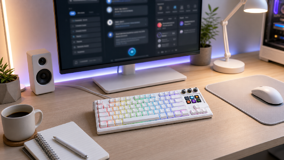 White MiraBox K1 Pro AI keyboard with screen on a bright creator desk with visual keys and desktop controls
