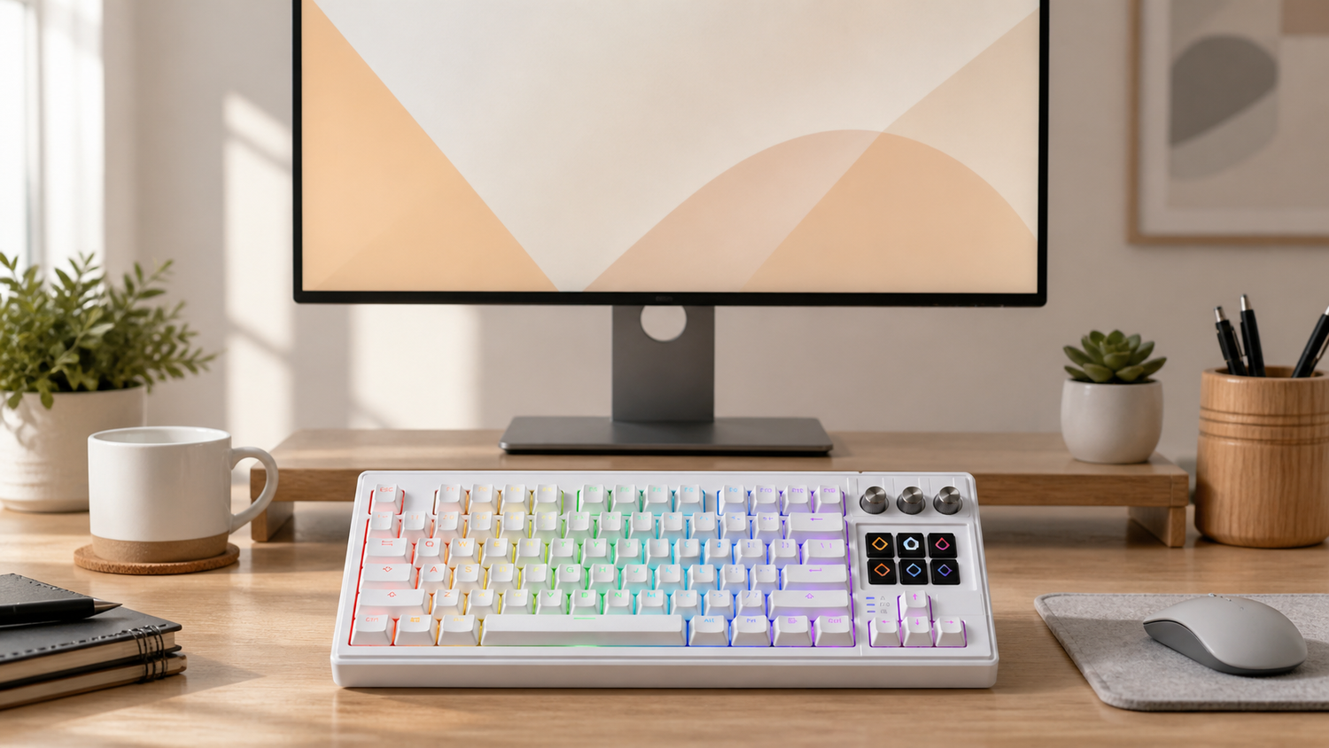 Keyboard with screen setup checklist on a home office desk