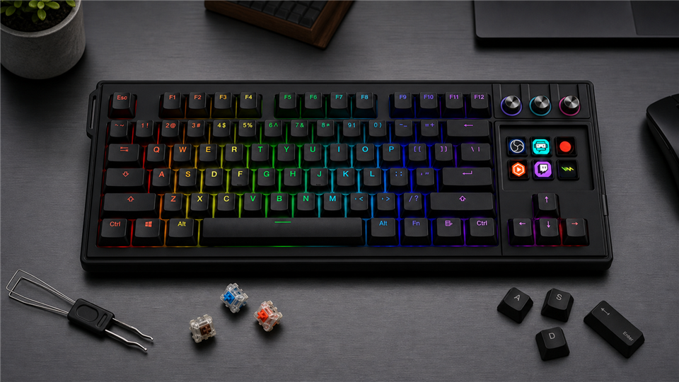 Mechanical keyboard with screen, visual keys, knobs, and replaceable switch tools on a desk