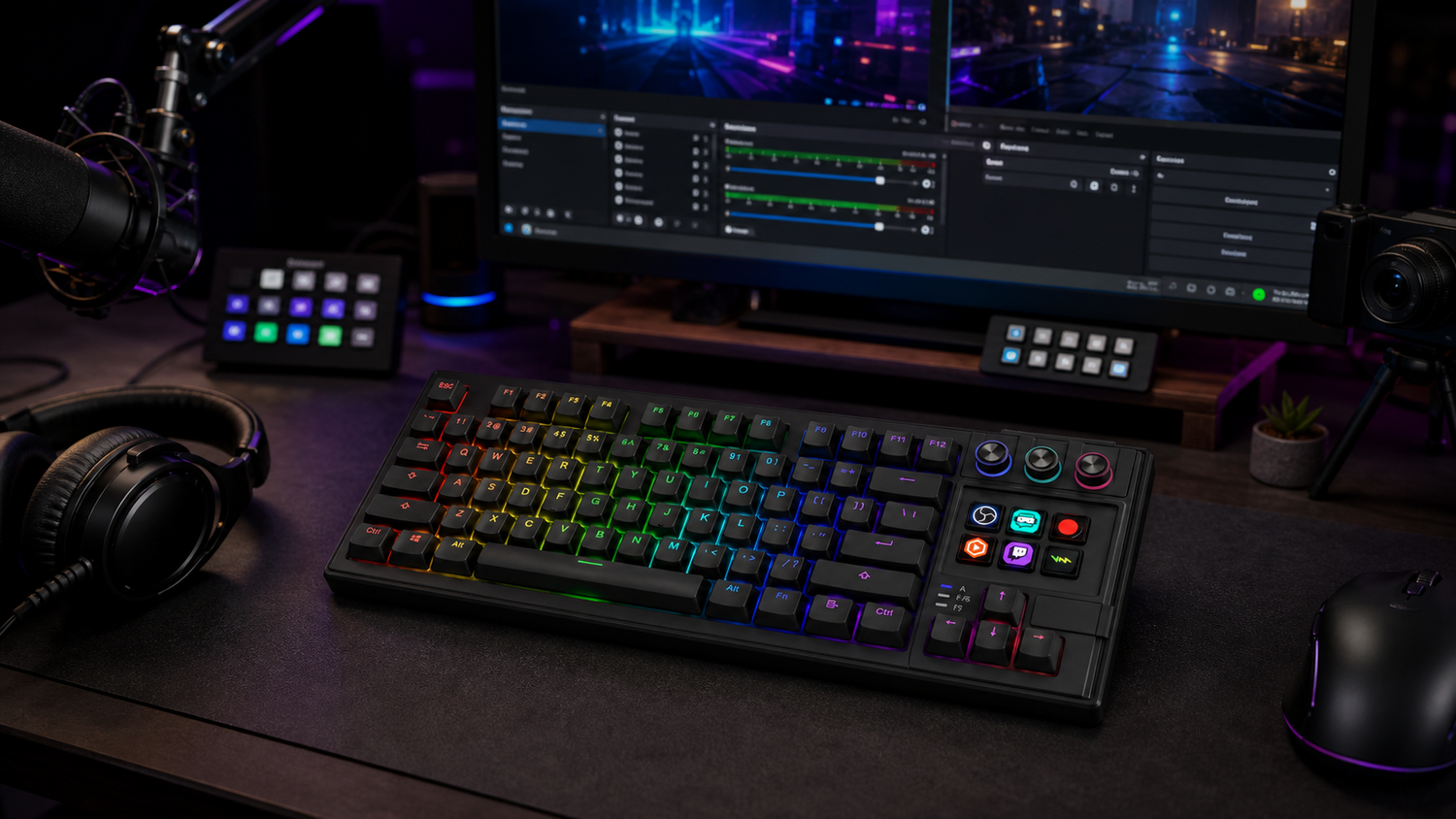 Best Keyboard for OBS Controls: Shortcuts, Scenes, and Visual Keys with K1 Pro keyboard with screen in a modern desk setup