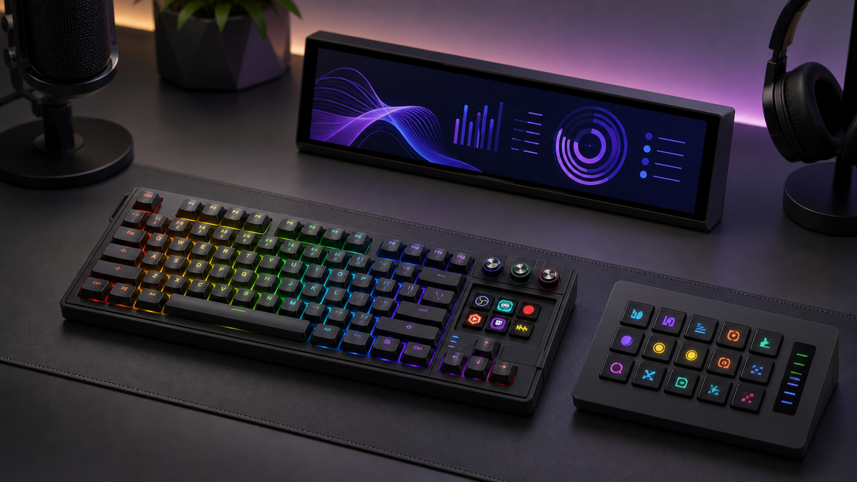 Creator desk setup with keyboard, Stream Dock, and desk screen roles