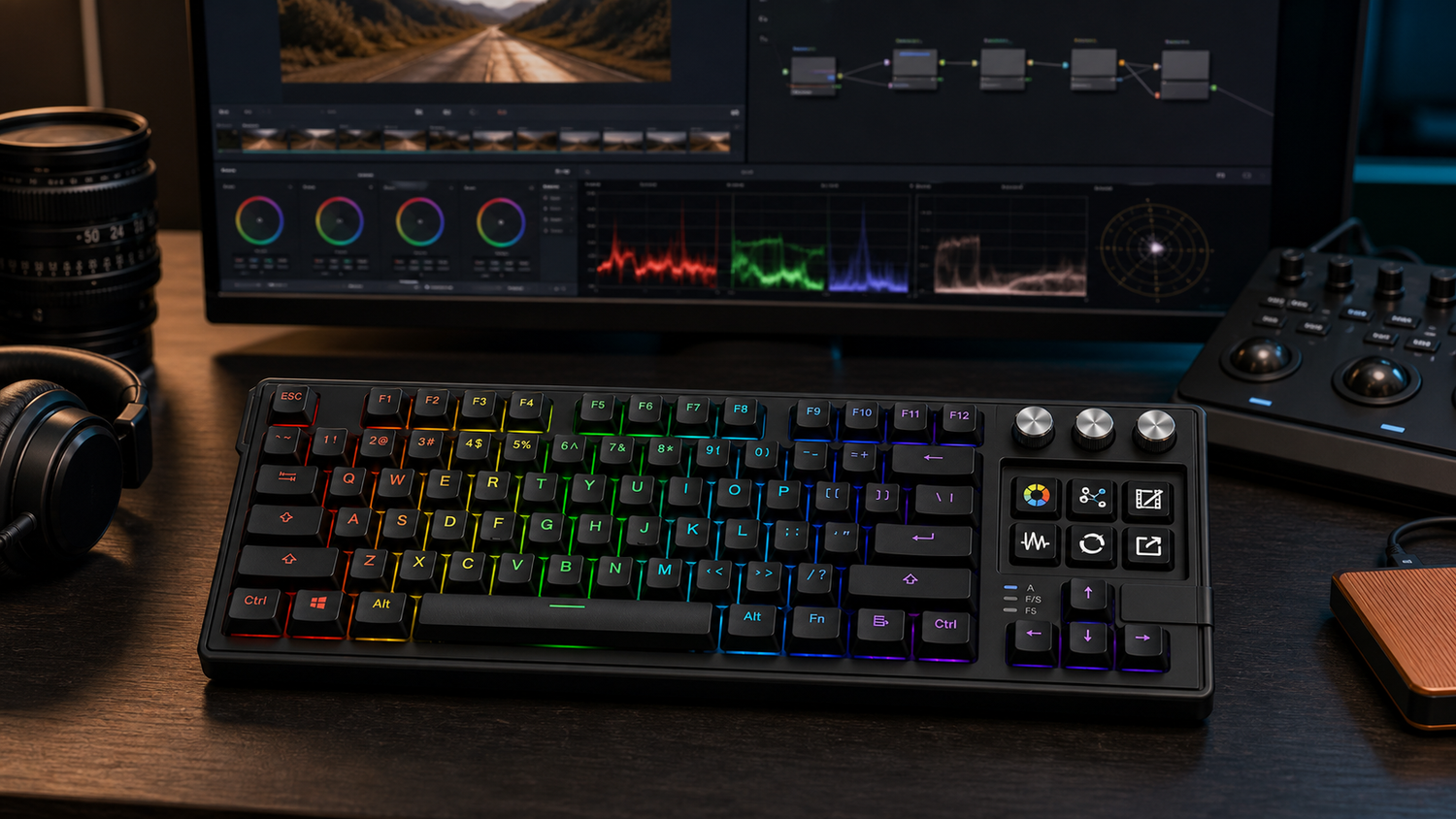 Keyboard for DaVinci Resolve: Shortcuts, Macros, and Knobs with K1 Pro keyboard with screen in a modern desk setup