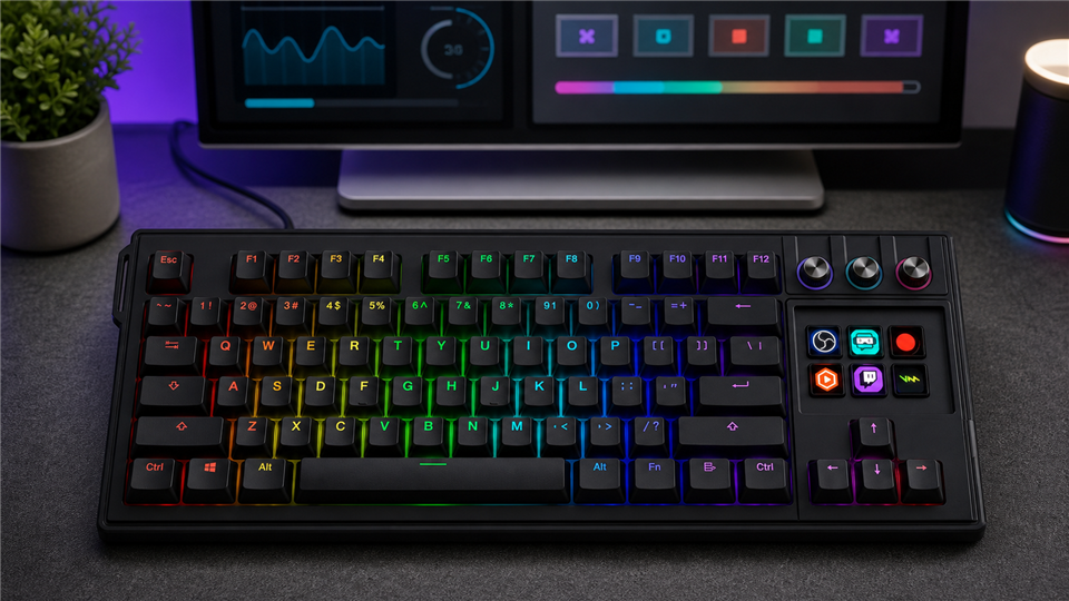 Keyboard with screen and visual controls in a clean comparison desk setup
