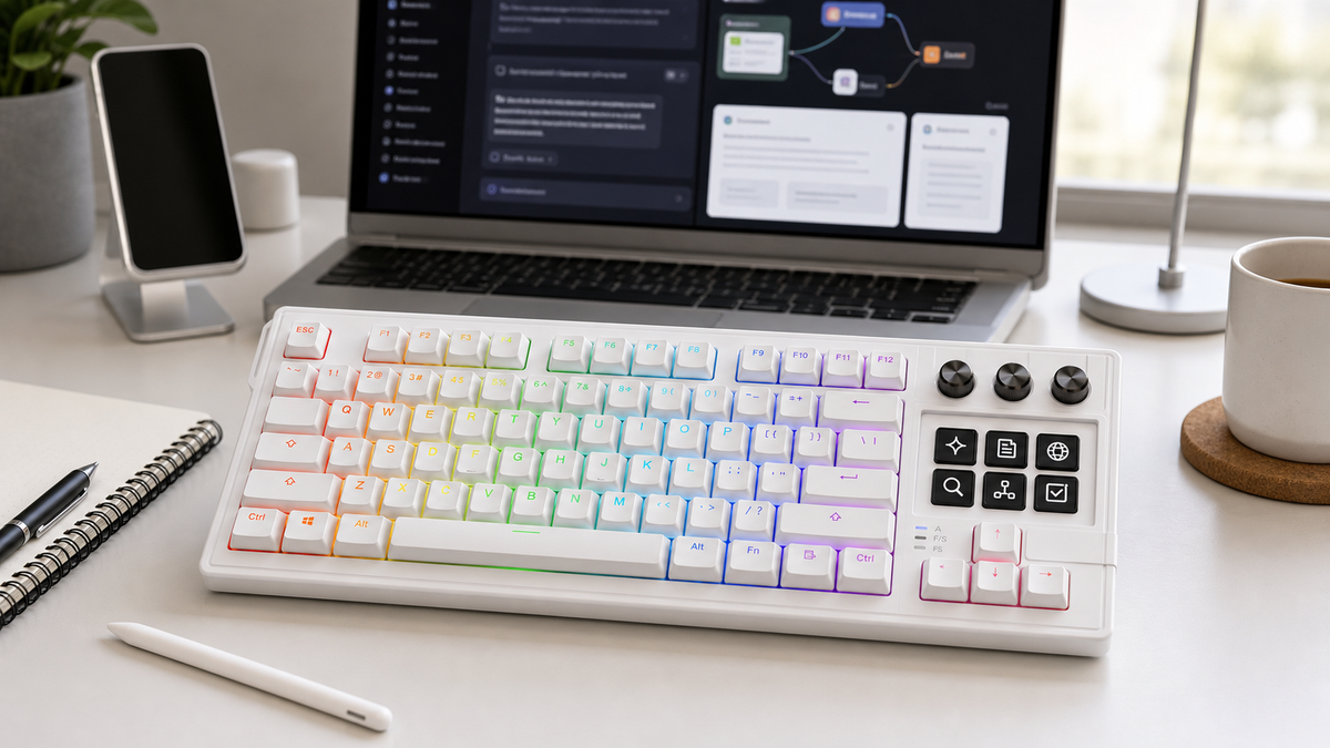 AI Keyboard With Screen: What Should It Actually Do? with K1 Pro keyboard with screen in a modern desk setup