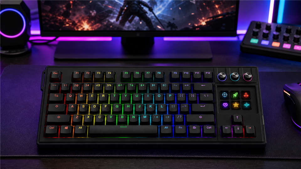 MiraBox K1 Pro gaming keyboard with screen, RGB lighting, visual keys, and three knobs on a gaming desk