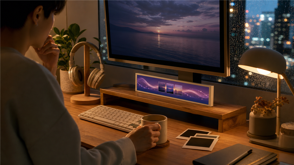 D92 as a Fun Desk Setup Screen: Themes, Mood, and Everyday Visuals with MiraBox product context in a modern desk setup